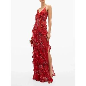 Rat & Boa Maribou Floral Silk Maxi‎ Dress Womens XXS Red Spaghetti Strap Ruffle